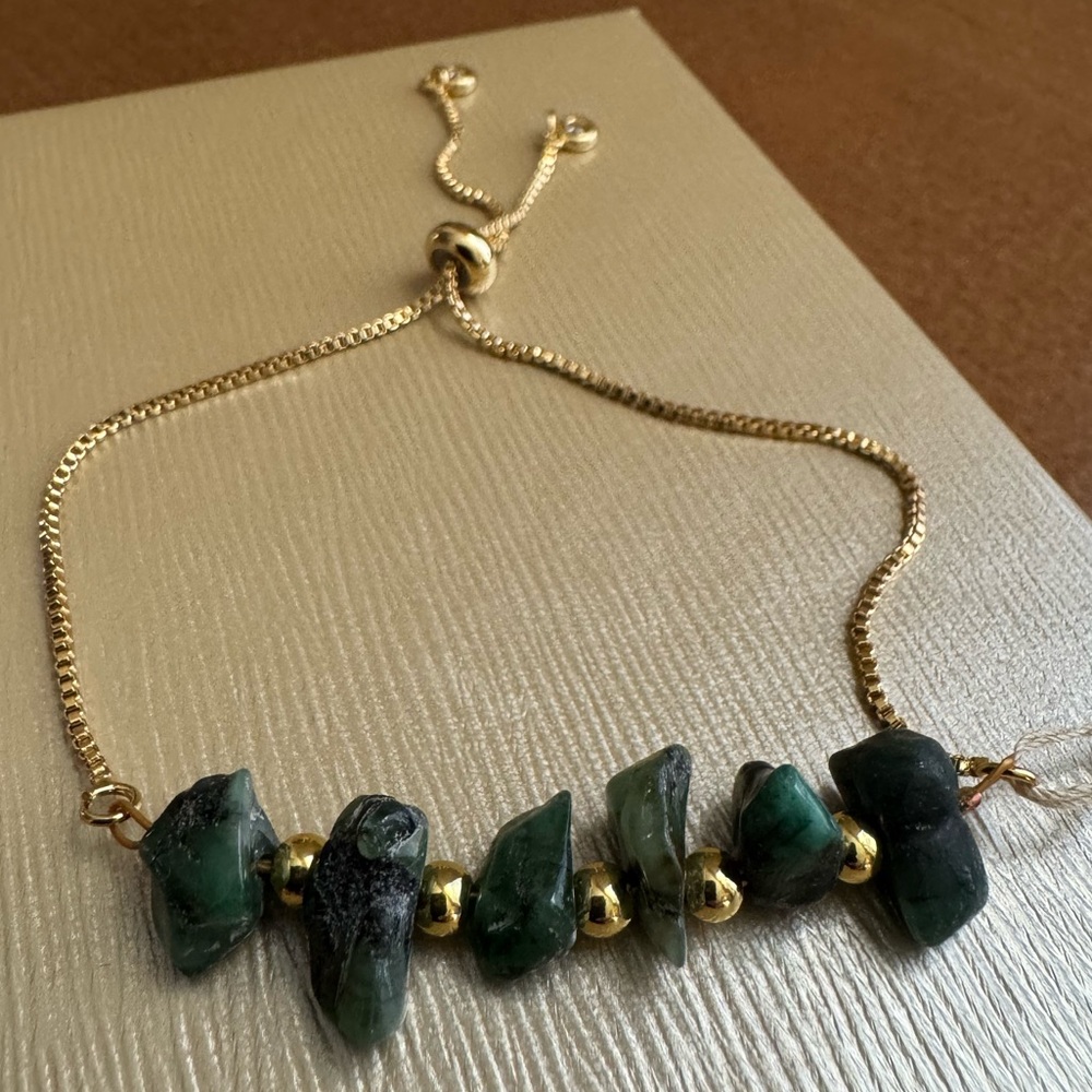 Elegant Emerald Chip Bead Bracelet on 18k Filled Slider